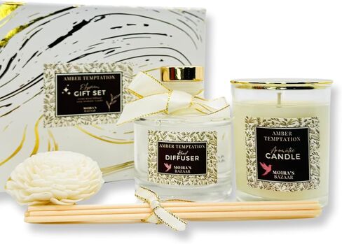 Moira's Bazaar Elysian Essence Aromatherapy Gift Set – Luxury Candle and Flower Reed Diffuser – Perfect Scented Gift for Women, Sophisticated Scent, Home & Bath Decor (English Orchard) in Saudi Arabia