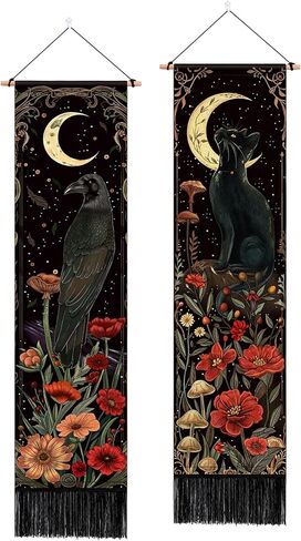 حزمة ARTCREATOR مكونة من قطعتين من ديكور الحائط القوطي ديكور أكاديمي داكن غريب الأطوار، نسيج غراب القط الأسود الغامض القمر الساحر لغرفة النوم وغرفة الفن الجمالي (12.8 × 51.2 بوصة) in Kuwait