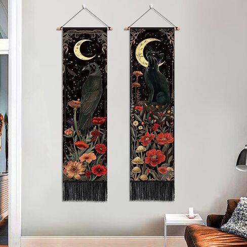 حزمة ARTCREATOR مكونة من قطعتين من ديكور الحائط القوطي ديكور أكاديمي داكن غريب الأطوار، نسيج غراب القط الأسود الغامض القمر الساحر لغرفة النوم وغرفة الفن الجمالي (12.8 × 51.2 بوصة) in Kuwait