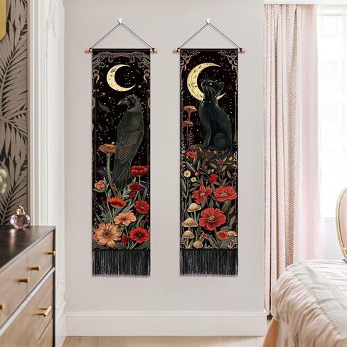 حزمة ARTCREATOR مكونة من قطعتين من ديكور الحائط القوطي ديكور أكاديمي داكن غريب الأطوار، نسيج غراب القط الأسود الغامض القمر الساحر لغرفة النوم وغرفة الفن الجمالي (12.8 × 51.2 بوصة) in Kuwait