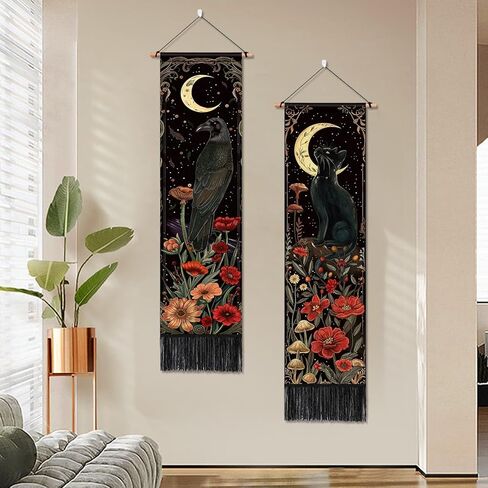حزمة ARTCREATOR مكونة من قطعتين من ديكور الحائط القوطي ديكور أكاديمي داكن غريب الأطوار، نسيج غراب القط الأسود الغامض القمر الساحر لغرفة النوم وغرفة الفن الجمالي (12.8 × 51.2 بوصة) in Kuwait