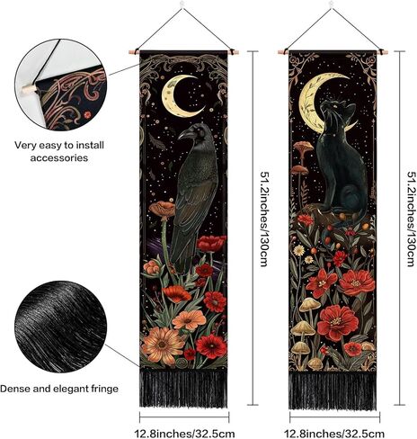 حزمة ARTCREATOR مكونة من قطعتين من ديكور الحائط القوطي ديكور أكاديمي داكن غريب الأطوار، نسيج غراب القط الأسود الغامض القمر الساحر لغرفة النوم وغرفة الفن الجمالي (12.8 × 51.2 بوصة) in Kuwait