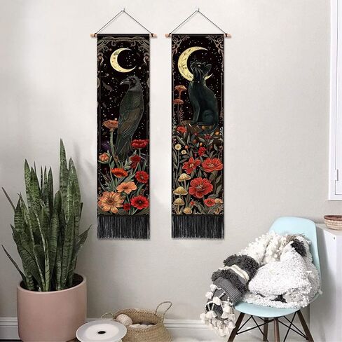 حزمة ARTCREATOR مكونة من قطعتين من ديكور الحائط القوطي ديكور أكاديمي داكن غريب الأطوار، نسيج غراب القط الأسود الغامض القمر الساحر لغرفة النوم وغرفة الفن الجمالي (12.8 × 51.2 بوصة) in Kuwait