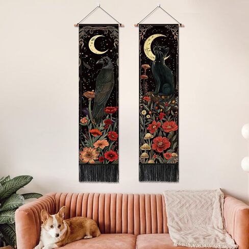 حزمة ARTCREATOR مكونة من قطعتين من ديكور الحائط القوطي ديكور أكاديمي داكن غريب الأطوار، نسيج غراب القط الأسود الغامض القمر الساحر لغرفة النوم وغرفة الفن الجمالي (12.8 × 51.2 بوصة) in Kuwait