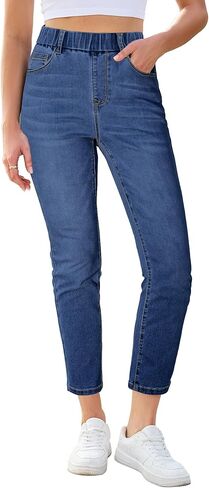 GRAPENT Slim Straight Leg Jeans for Women Cropped High Waisted Pull On Elastic Waist Stretchy Denim Pants Trouser Jeans in Saudi Arabia