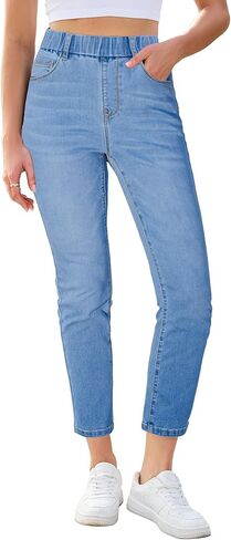 GRAPENT Slim Straight Leg Jeans for Women Cropped High Waisted Pull On Elastic Waist Stretchy Denim Pants Trouser Jeans in Saudi Arabia