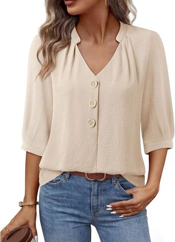 Timeson Women's 3/4 Length Sleeve Tops Dressy Casual V Neck Chiffon Blouses Business Work Shirts in Saudi Arabia