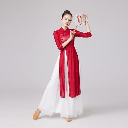 Wuchieal Women's Chinese Style Back Slit Mesh Classical Dance Top Ballroom Dance Dress Red in Saudi Arabia