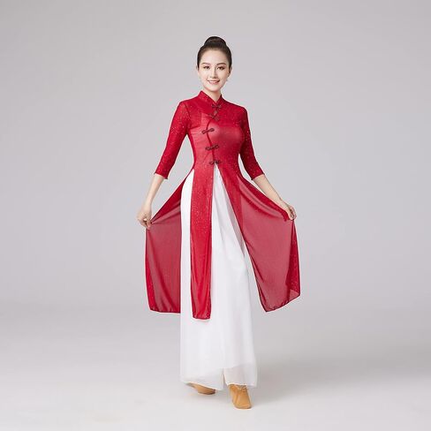 Wuchieal Women's Chinese Style Back Slit Mesh Classical Dance Top Ballroom Dance Dress Red in Saudi Arabia
