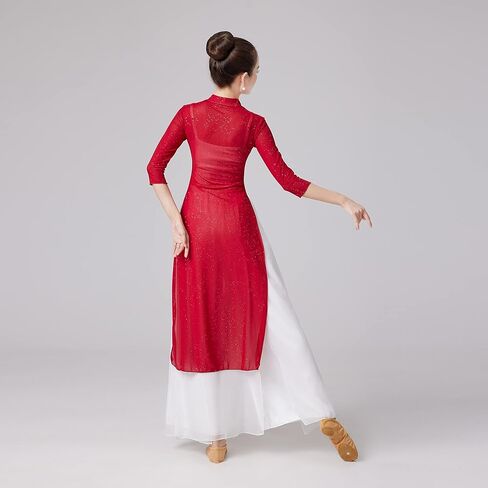 Wuchieal Women's Chinese Style Back Slit Mesh Classical Dance Top Ballroom Dance Dress Red in Saudi Arabia