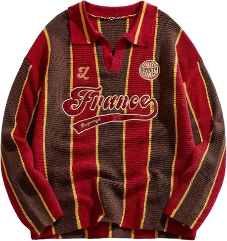 WDIRARA Men's Striped Sweater Letter Graphic Long Sleeve Collared V Neck Preppy Pullover Knit Tops in Saudi Arabia