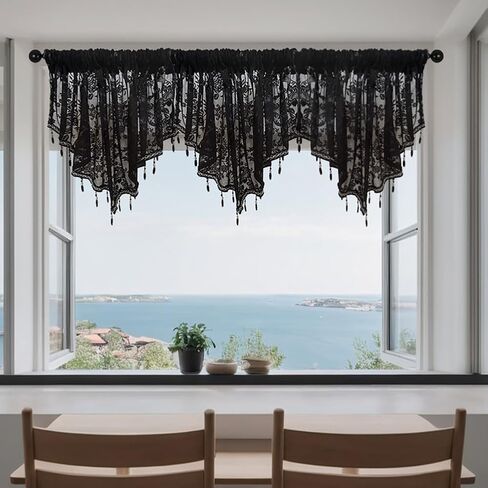 vctops 3 Piece Lace Waterfall Valances with Beaded Rustic Floral Embroidered Decorative Swag Valance Semi Sheer Rod Pocket Triangle Window Curtains for Kitchen Bedroom Living Room, Black in Saudi Arabia