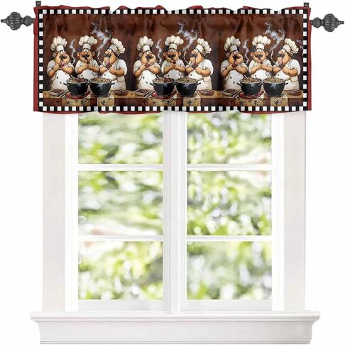 Window Valance Rod Pocket Short Curtains Funny Chef Kitchen Cook Valances for Kitchen, Black White Checker Burgundy Red Curtain Valance Window Treatment for Bedroom Living Room Bathroom 42"x12" in Saudi Arabia