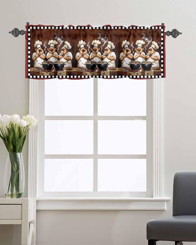 Window Valance Rod Pocket Short Curtains Funny Chef Kitchen Cook Valances for Kitchen, Black White Checker Burgundy Red Curtain Valance Window Treatment for Bedroom Living Room Bathroom 42"x12" in Saudi Arabia