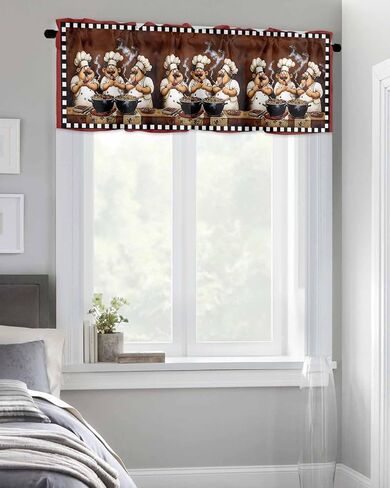 Window Valance Rod Pocket Short Curtains Funny Chef Kitchen Cook Valances for Kitchen, Black White Checker Burgundy Red Curtain Valance Window Treatment for Bedroom Living Room Bathroom 42"x12" in Saudi Arabia