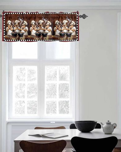 Window Valance Rod Pocket Short Curtains Funny Chef Kitchen Cook Valances for Kitchen, Black White Checker Burgundy Red Curtain Valance Window Treatment for Bedroom Living Room Bathroom 42"x12" in Saudi Arabia