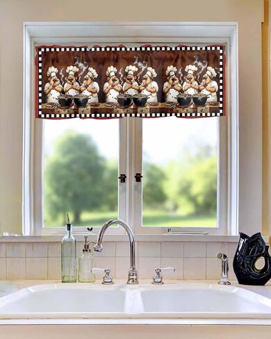 Window Valance Rod Pocket Short Curtains Funny Chef Kitchen Cook Valances for Kitchen, Black White Checker Burgundy Red Curtain Valance Window Treatment for Bedroom Living Room Bathroom 42"x12" in Saudi Arabia