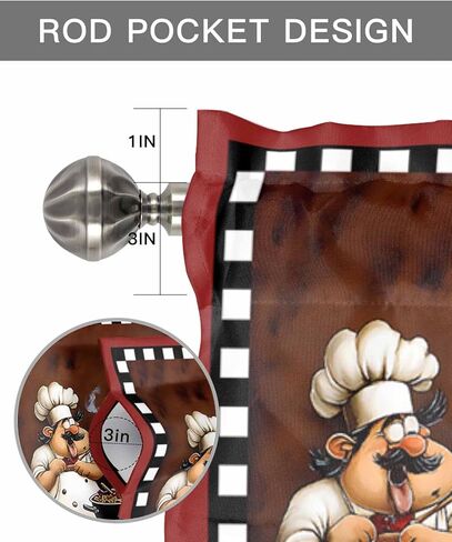 Window Valance Rod Pocket Short Curtains Funny Chef Kitchen Cook Valances for Kitchen, Black White Checker Burgundy Red Curtain Valance Window Treatment for Bedroom Living Room Bathroom 42"x12" in Saudi Arabia