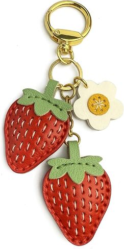 Handmade Strawberry Leather Keychain and Daisy Purse Charm, Vegetable Tanned Red Leather and Soft Green Sheepskin, Gold Tone Plated Chain and Key Ring, Gift for Women and Girls, Bag Accessory in Saudi Arabia