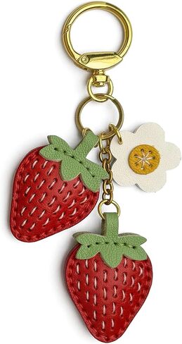 Handmade Strawberry Leather Keychain and Daisy Purse Charm, Vegetable Tanned Red Leather and Soft Green Sheepskin, Gold Tone Plated Chain and Key Ring, Gift for Women and Girls, Bag Accessory in Saudi Arabia