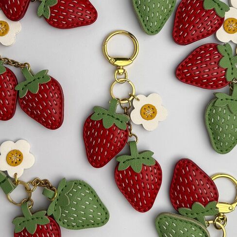 Handmade Strawberry Leather Keychain and Daisy Purse Charm, Vegetable Tanned Red Leather and Soft Green Sheepskin, Gold Tone Plated Chain and Key Ring, Gift for Women and Girls, Bag Accessory in Saudi Arabia