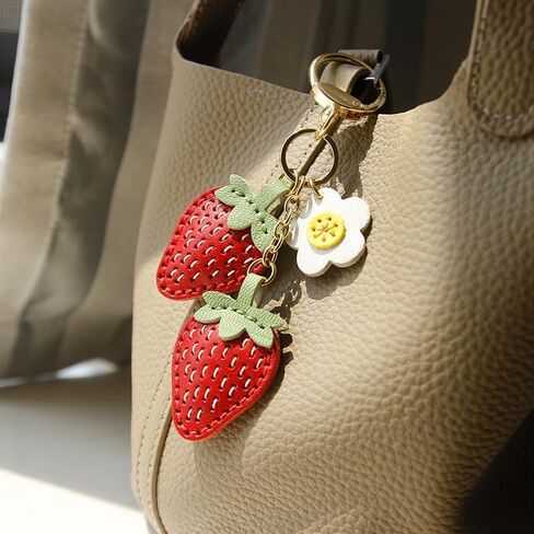 Handmade Strawberry Leather Keychain and Daisy Purse Charm, Vegetable Tanned Red Leather and Soft Green Sheepskin, Gold Tone Plated Chain and Key Ring, Gift for Women and Girls, Bag Accessory in Saudi Arabia
