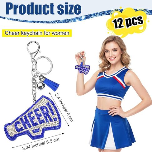 Nosiny 12 Pcs Cheer Keychains Bulk Rhinestone Megaphone Key Chain with Tassel Bling Cheerleading Gift Bag Charms for Women (Blue) in Saudi Arabia