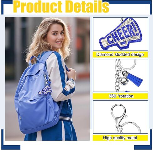 Nosiny 12 Pcs Cheer Keychains Bulk Rhinestone Megaphone Key Chain with Tassel Bling Cheerleading Gift Bag Charms for Women (Blue) in Saudi Arabia