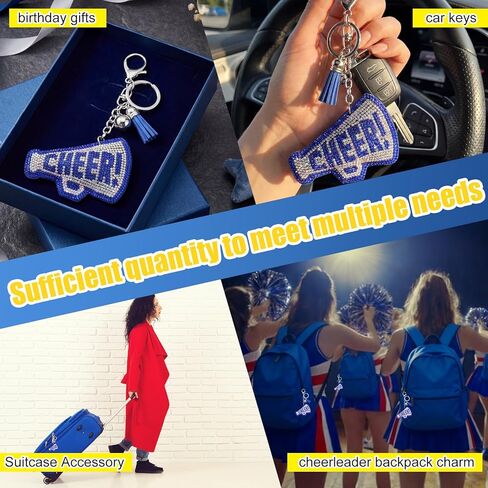 Nosiny 12 Pcs Cheer Keychains Bulk Rhinestone Megaphone Key Chain with Tassel Bling Cheerleading Gift Bag Charms for Women (Blue) in Saudi Arabia