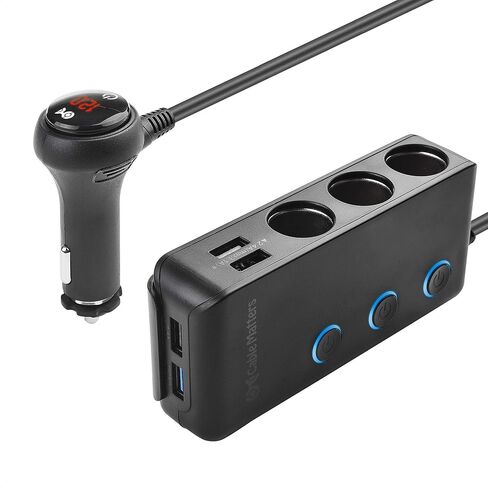 Cable Matters 3 Socket Car Cigarette Lighter Adapter with 4 USB Ports, On/Off Switch and LED Display - 2X Fuses and Mounting Bracket Included in Saudi Arabia