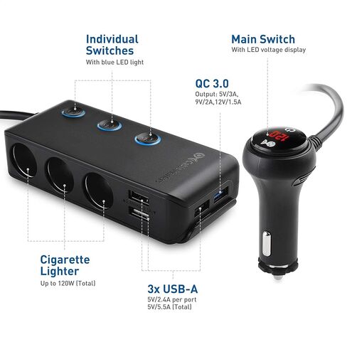 Cable Matters 3 Socket Car Cigarette Lighter Adapter with 4 USB Ports, On/Off Switch and LED Display - 2X Fuses and Mounting Bracket Included in Saudi Arabia