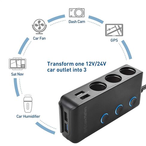 Cable Matters 3 Socket Car Cigarette Lighter Adapter with 4 USB Ports, On/Off Switch and LED Display - 2X Fuses and Mounting Bracket Included in Saudi Arabia