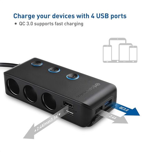 Cable Matters 3 Socket Car Cigarette Lighter Adapter with 4 USB Ports, On/Off Switch and LED Display - 2X Fuses and Mounting Bracket Included in Saudi Arabia