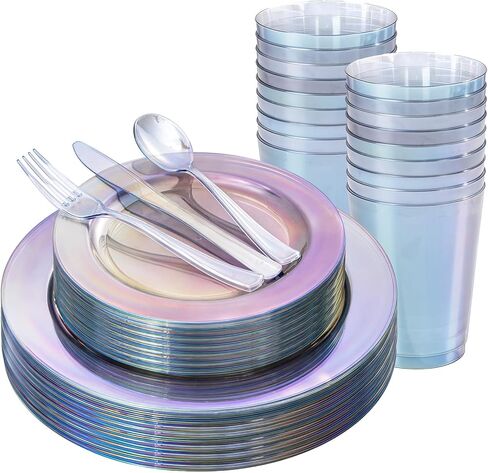 Rubtlamp 210Pcs Plastic Pink Plates with Gold Plastic Silverware Set Include 30Pink Dinner & 30 Dessert Plates, 90Gold Cutlery, 30Gold Cups, 30Napkins, Pink Dinnerware for Party in Saudi Arabia