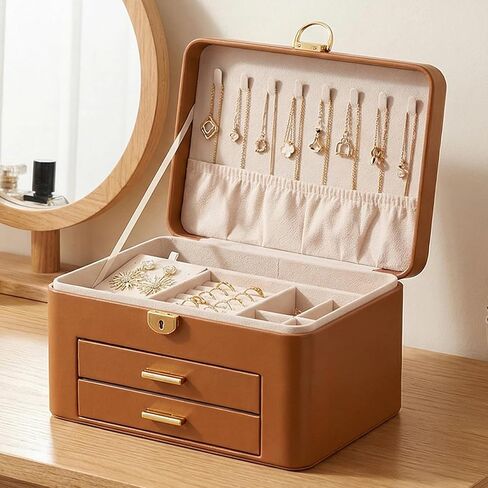 Jewelry Box for Women, Large Dresser Top Organizer with 3 Layers & 2 Drawers, PU Leather Storage Case for Earrings, Necklaces, Rings, Giftable Vanity Box (Cream white) in Saudi Arabia