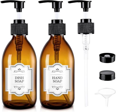 8 oz Amber Glass Pump Bottle, 250ml Glass Soap Dispenser Bottle for Body Lotion Massage Oil, Refillable Empty Hand and Dish Soap Dispensers Set with Labels - 2 Pack in Saudi Arabia