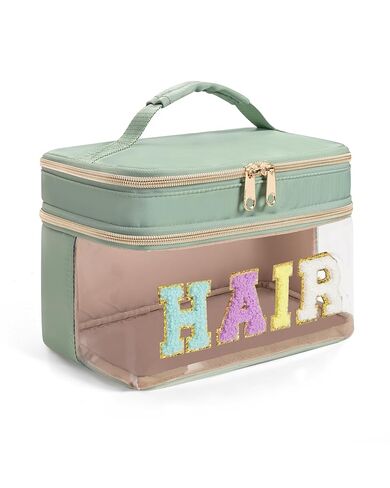 Fasrom Double Layer Hair Accessories Organizer, Preppy Patch Makeup Bag with HAIR Chenille Letter, Portable Travel Cosmetic Pouch Clear Toiletry Case for Women Girl, Pink(Bag Only, Patent Design) in Saudi Arabia
