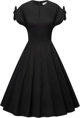 Women’s Casual Cocktail Dress Stretchy Cap Sleeves with Bow Tie Vintage 1950s Party Swing Dresses with Pockets in Saudi Arabia