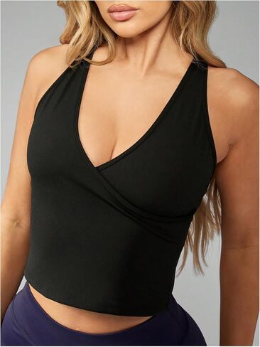 OYOANGLE Women's Criss Cross Workout Tank Top Wrap V Neck Sleeveless Fitted Yoga Gym Exercise Crop Tops in Saudi Arabia