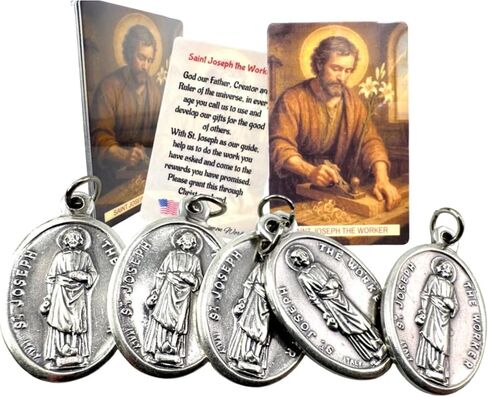 Westmon Works St Joseph the Worker Medal & Holy Card Set – Italian Metal Catholic Medals with Laminated Prayer Cards – 5 Pack – Imported from Italy, Cards Made in USA in Saudi Arabia