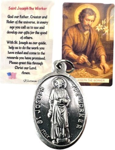 Westmon Works St Joseph the Worker Medal & Holy Card Set – Italian Metal Catholic Medals with Laminated Prayer Cards – 5 Pack – Imported from Italy, Cards Made in USA in Saudi Arabia