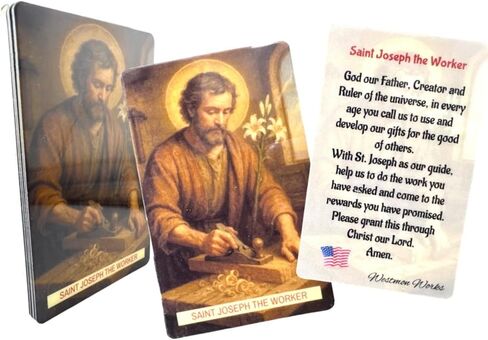 Westmon Works St Joseph the Worker Medal & Holy Card Set – Italian Metal Catholic Medals with Laminated Prayer Cards – 5 Pack – Imported from Italy, Cards Made in USA in Saudi Arabia