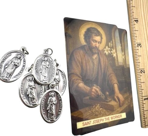 Westmon Works St Joseph the Worker Medal & Holy Card Set – Italian Metal Catholic Medals with Laminated Prayer Cards – 5 Pack – Imported from Italy, Cards Made in USA in Saudi Arabia