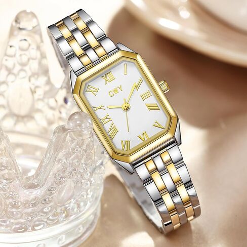 Gifts for Women-Gold Watches for Women with Vintage Rectangular Case White Roman Dial Two-Tone Watches for Women with 3ATM Water Resistance Adjustment Tool Included in Saudi Arabia