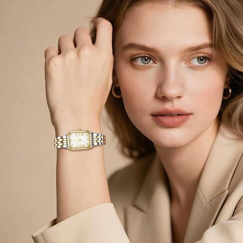 Gifts for Women-Gold Watches for Women with Vintage Rectangular Case White Roman Dial Two-Tone Watches for Women with 3ATM Water Resistance Adjustment Tool Included in Saudi Arabia