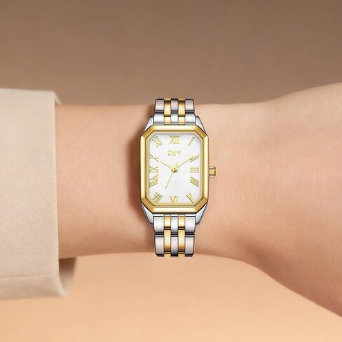 Gifts for Women-Gold Watches for Women with Vintage Rectangular Case White Roman Dial Two-Tone Watches for Women with 3ATM Water Resistance Adjustment Tool Included in Saudi Arabia