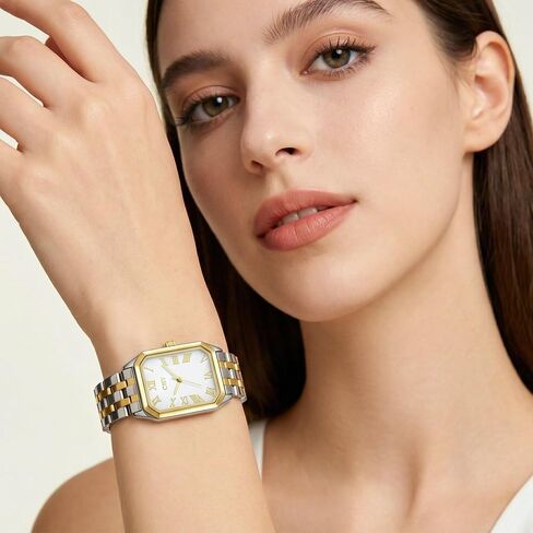 Gifts for Women-Gold Watches for Women with Vintage Rectangular Case White Roman Dial Two-Tone Watches for Women with 3ATM Water Resistance Adjustment Tool Included in Saudi Arabia