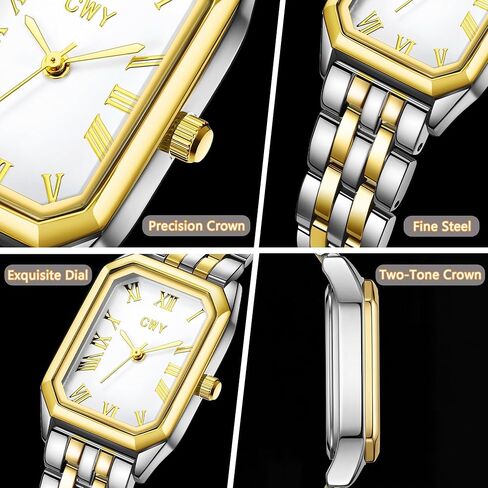 Gifts for Women-Gold Watches for Women with Vintage Rectangular Case White Roman Dial Two-Tone Watches for Women with 3ATM Water Resistance Adjustment Tool Included in Saudi Arabia
