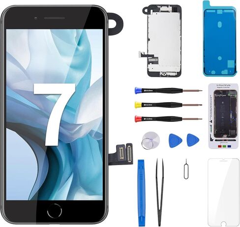 لشاشة iPhone 7 البديلة باللون الأسود مع زر الصفحة الرئيسية 4.7 بوصة شاشة LCD ثلاثية الأبعاد تعمل باللمس محول رقمي مجموعة كاملة مع كاميرا أمامية ومكبر صوت للأذن طقم إصلاح أدوات إصلاح الزجاج الأمامي لـ A1660، A1778، A1779 in Kuwait