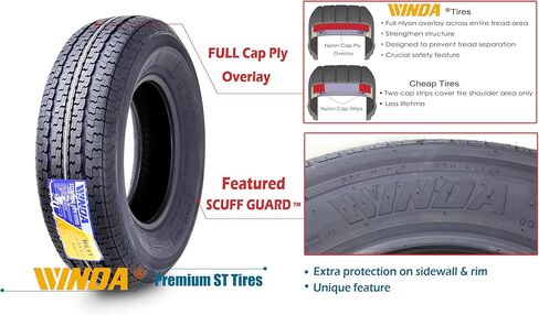 مجموعة عجلات إطارات المقطورة WINDA ST235/80R16 10 طبقات E 124L 8 عروة على حافة بيضاء PCD مقاس 6.5 بوصة، مجموعة 2 in Kuwait
